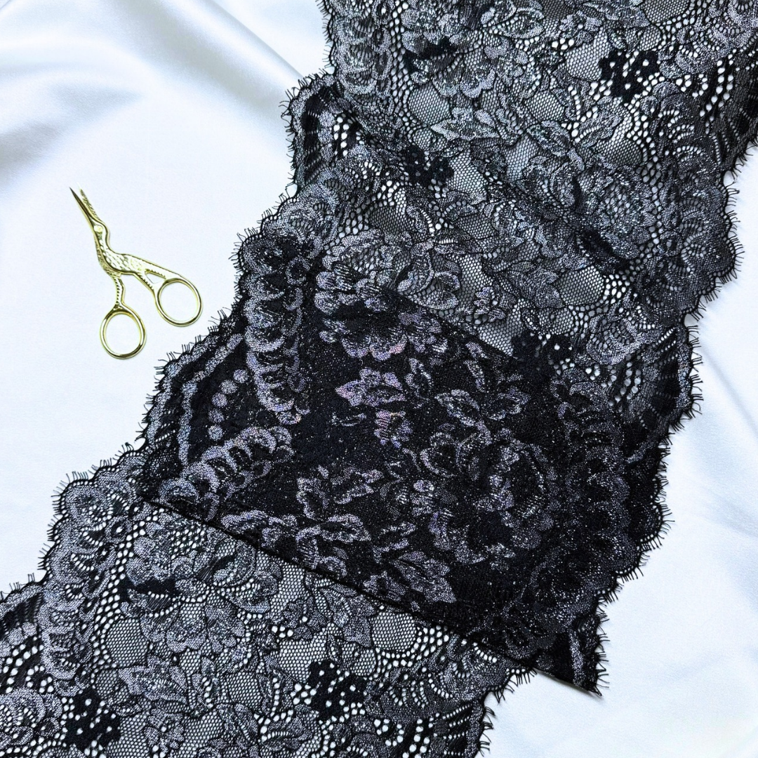 Midnight Silver Rose Lace (Stretch) – 1.2 m piece
