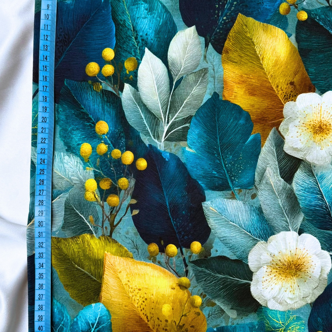 Teal & Gold Botanicals – Cotton Jersey Fabric (0.5m cut)