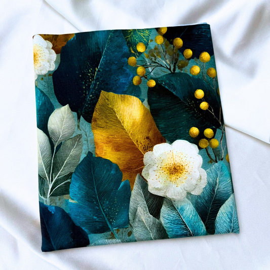 Teal & Gold Botanicals – Cotton Jersey Fabric (0.5m cut)