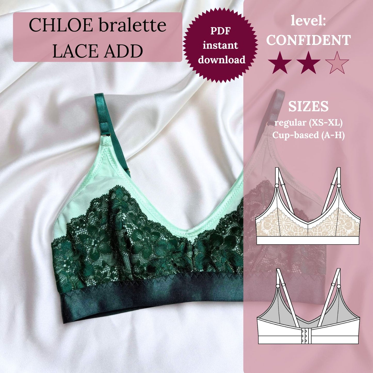 CHLOE Bralette - SPITZE hinzufügen - PDF Schnittmuster (XS-XL, Cup A-H)